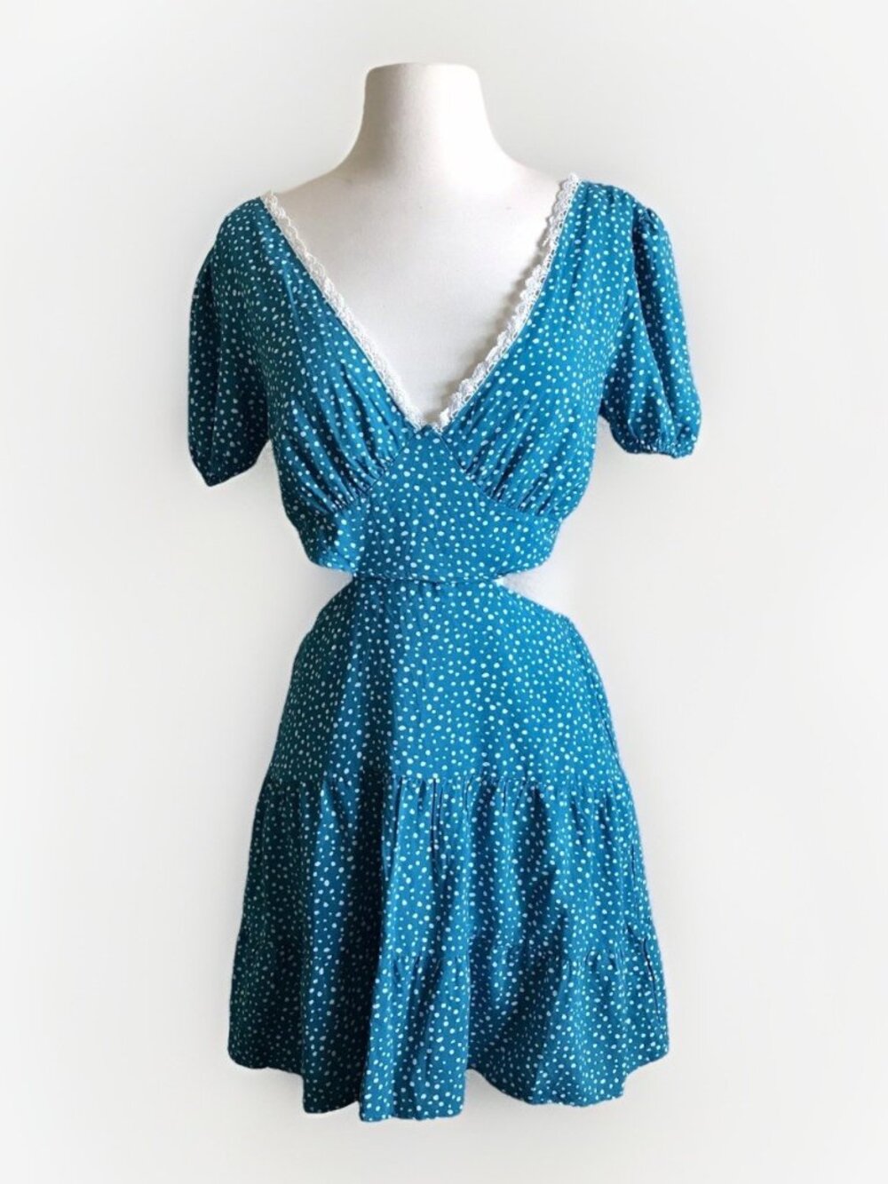 City Triangles Blue Polka Dot Dress Small Cutout Back Open Back Fit & Flare